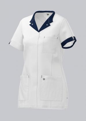 Preview: Damen Kasack weiß mit farbigem Besatz kurzarm Druckknöpfe