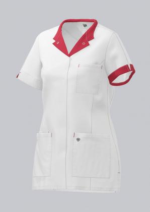Damen Kasack weiß mit farbigem Besatz kurzarm Druckknöpfe