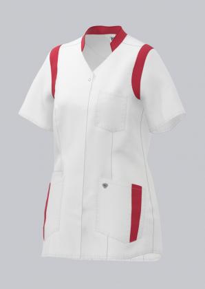 Preview: Kasack Damen kurzarm Stretch Brusttasche weiß/koralle