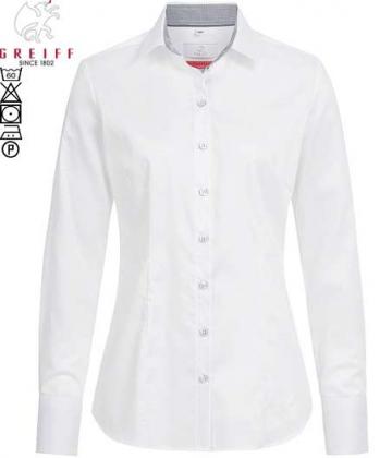Preview: Greiff Damen Bluse weiß/Kontrast grau Premium langarm Stretch Regular Fit