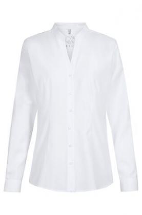 Damen Bluse Stehkragen langarm weiß V-Ausschnitt