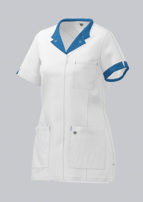 Damen Kasack weiß mit farbigem Besatz kurzarm Druckknöpfe