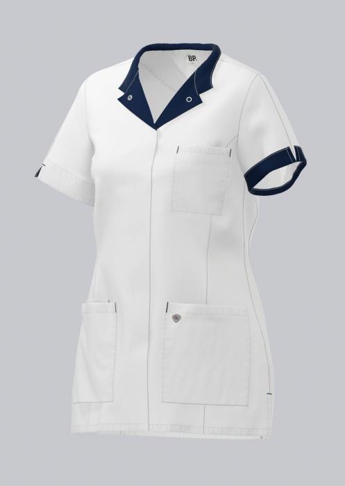 Damen Kasack weiß mit farbigem Besatz kurzarm Druckknöpfe
