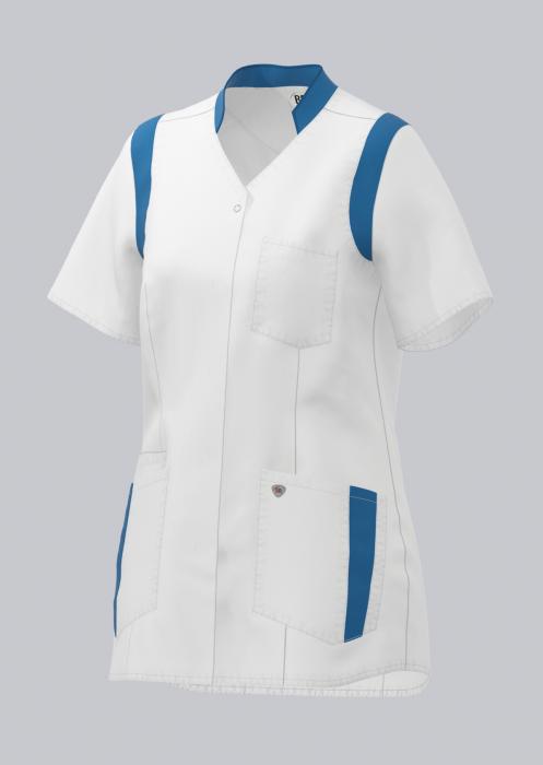 Kasack Damen kurzarm Stretch Brusttasche weiß/azurblau