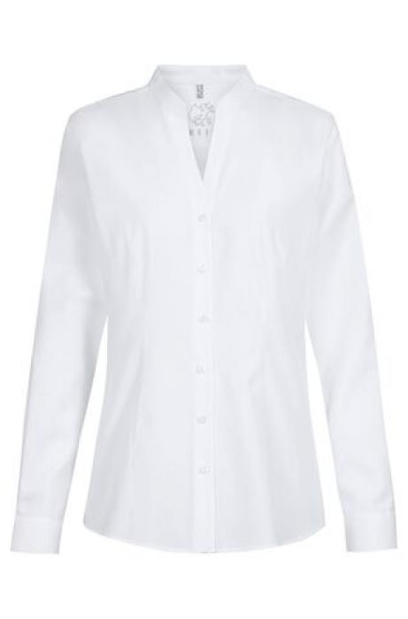 Damen Bluse Stehkragen langarm weiß V-Ausschnitt